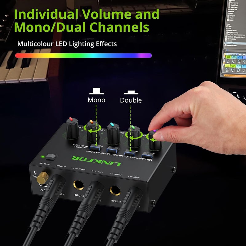 LiNKFOR 4 Channel Stereo Audio Mixer CX400 Metal Shell Support RCA Input and Output Mini Passive Stereo Mixer with Separate Volume Controls (6.35mm 4 Channel With RGB light) - Image 3